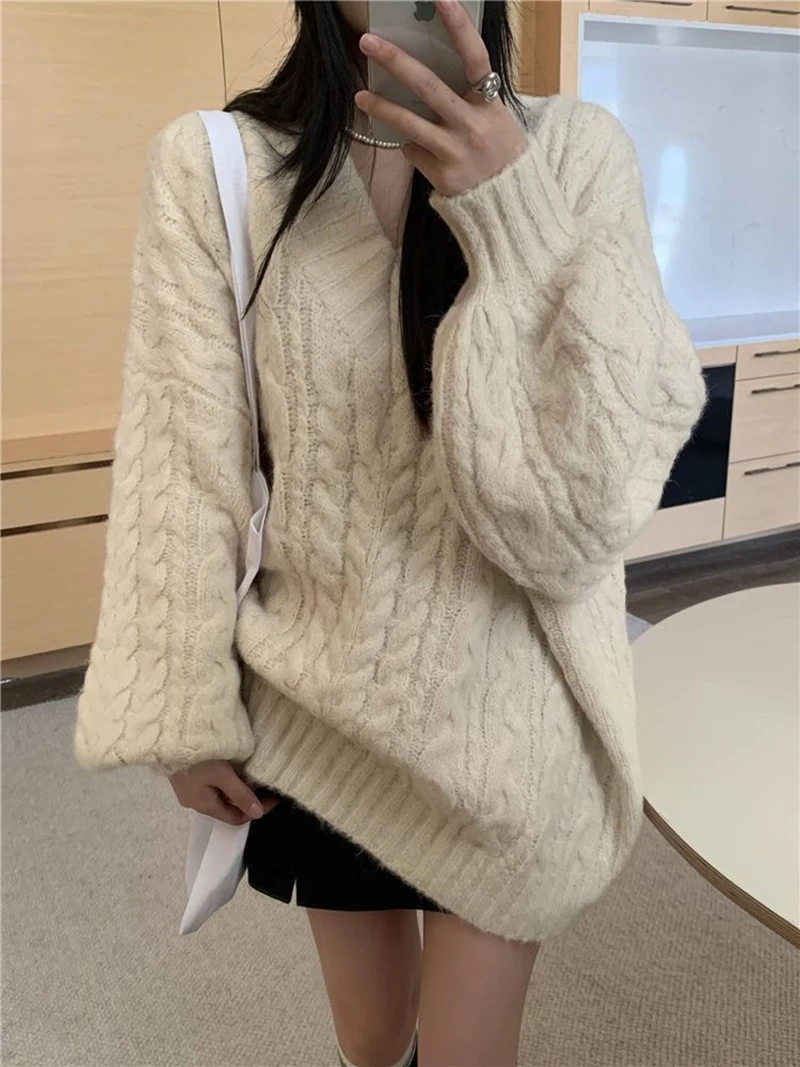 Oversized Sweater Women Fashion Preppy Pink V Neck Knitted Pullovers Harajuku Korean Long Sleeve Knitwear Winter Jumpers