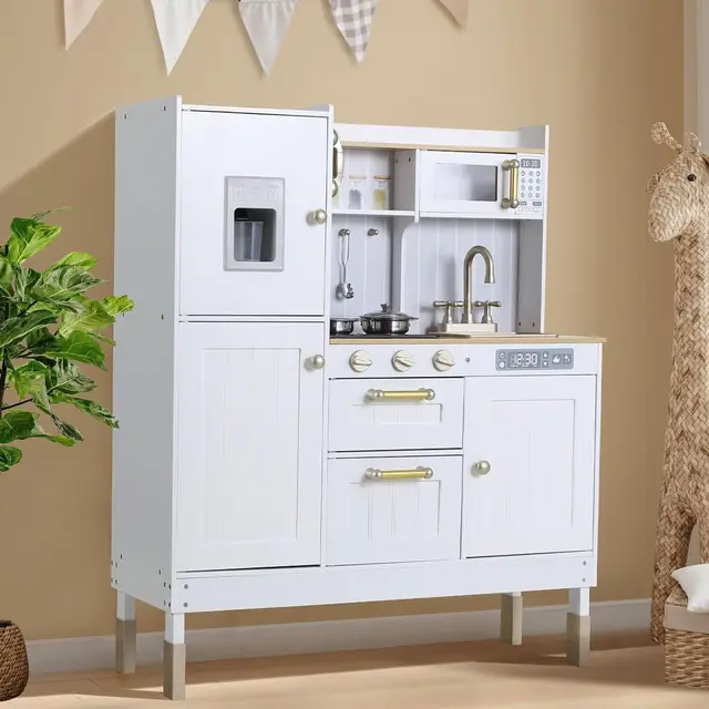 Ensemble de jeu de cuisine en bois pour enfants, avec poêle, four, évier, réfrigérateur et accessoires, pour tout-petits, enfants d'âge préscolaire 1