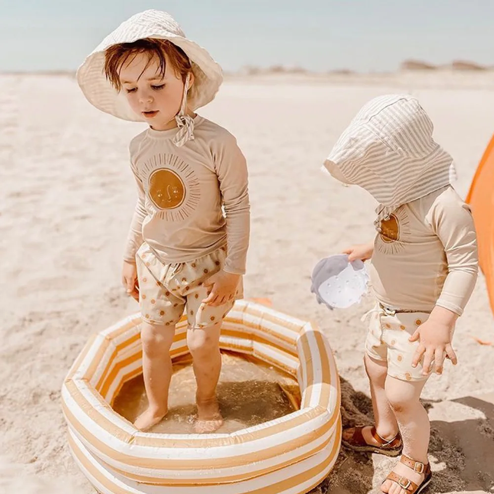 Boys kids swimsuits 2pcs Summer Baby Boys Swimwear Sets Long Sleeve Tops Shorts Sun-proof Elastic Beach Vacation