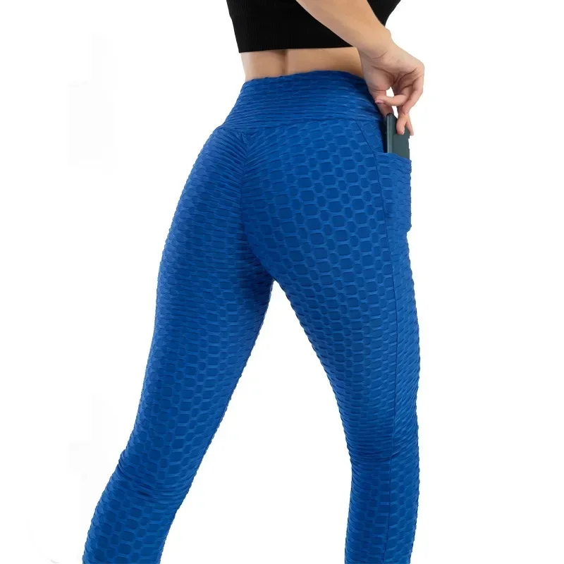 Women Fashion Pocket Bubble Pants Stretchy Slim Leggings Gym Running Cycling Fitness Pants High Waist Hip Lift Leggings Female 4