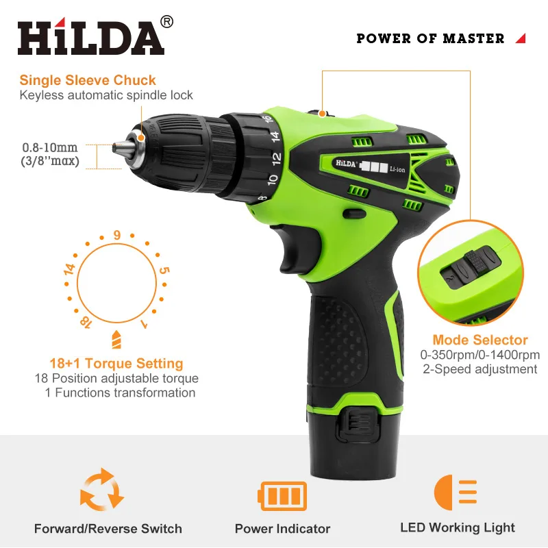Hilda-2 단 충전식 무선 전기 스크루 드라이버, 리튬 배터리 LED 조명, 방수 핸드 전기 드릴 12 v, 2 개
