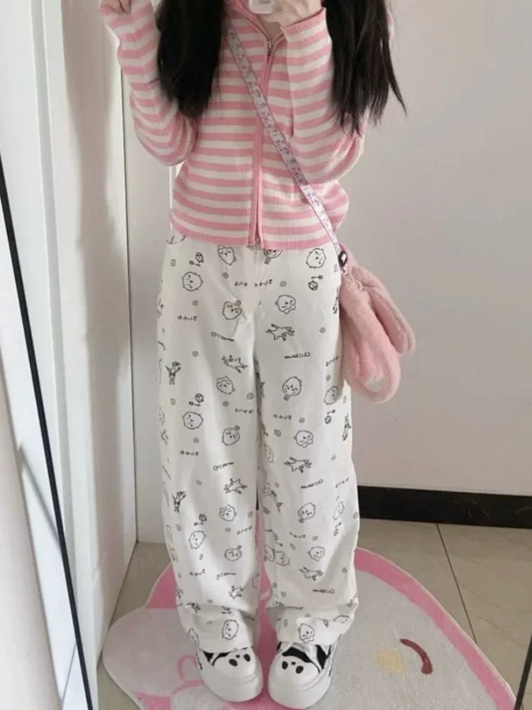 HOUZHOU Y2k Kawaii Sweet High Straight Pants Women Japanese Style Harajuku Cute Cartoon Print Loose Trousers Soft Girl 2024 2
