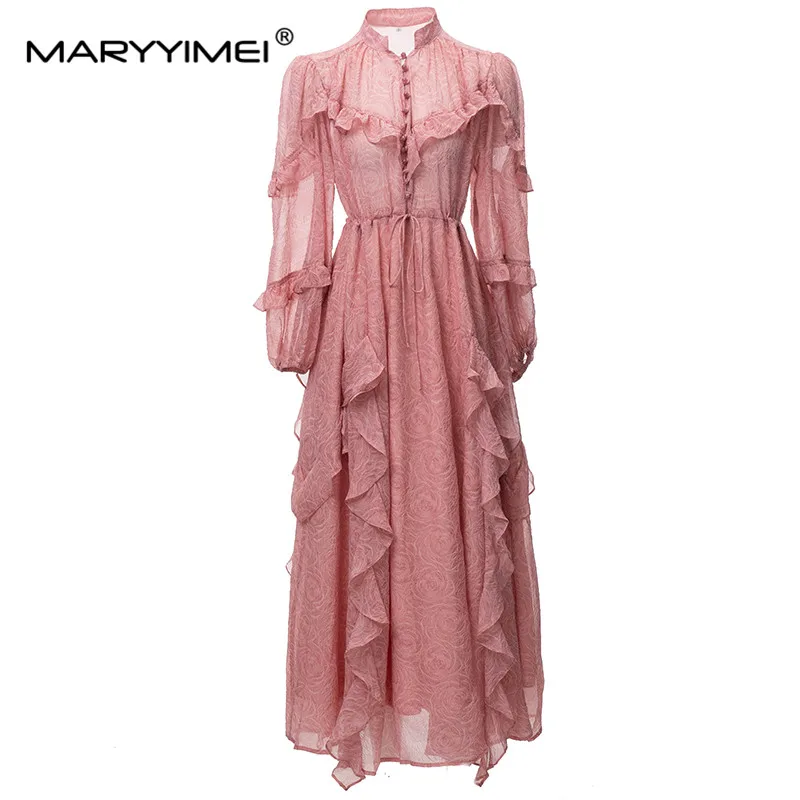 

Женское плиссированное платье MARYYIMEI, модельное дизайнерское платье с воротником-стойкой, рукавами-фонариками и оборками, в стиле пэчворк