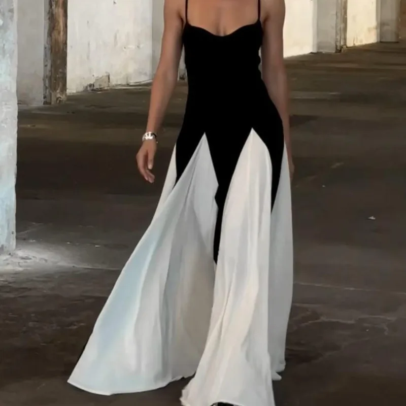 

Sexy Backless Dresses Slim Fit Halter Sleeve Patchwork High Waist A-LINE Floor-Length Skirt Fashion Sexy Style Pullover Dresses