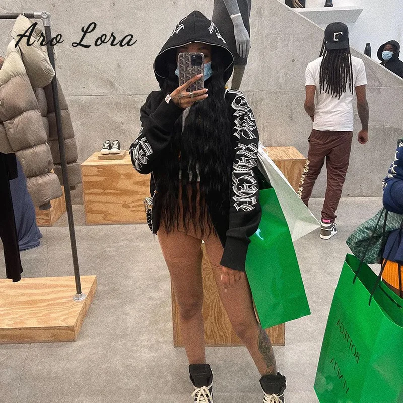Women Zip Up Hoodie Streetwear Letter Printed Long Sleeve Sweatshirts Gothic Punk  Autumn Winter Female Hoodie Jackets