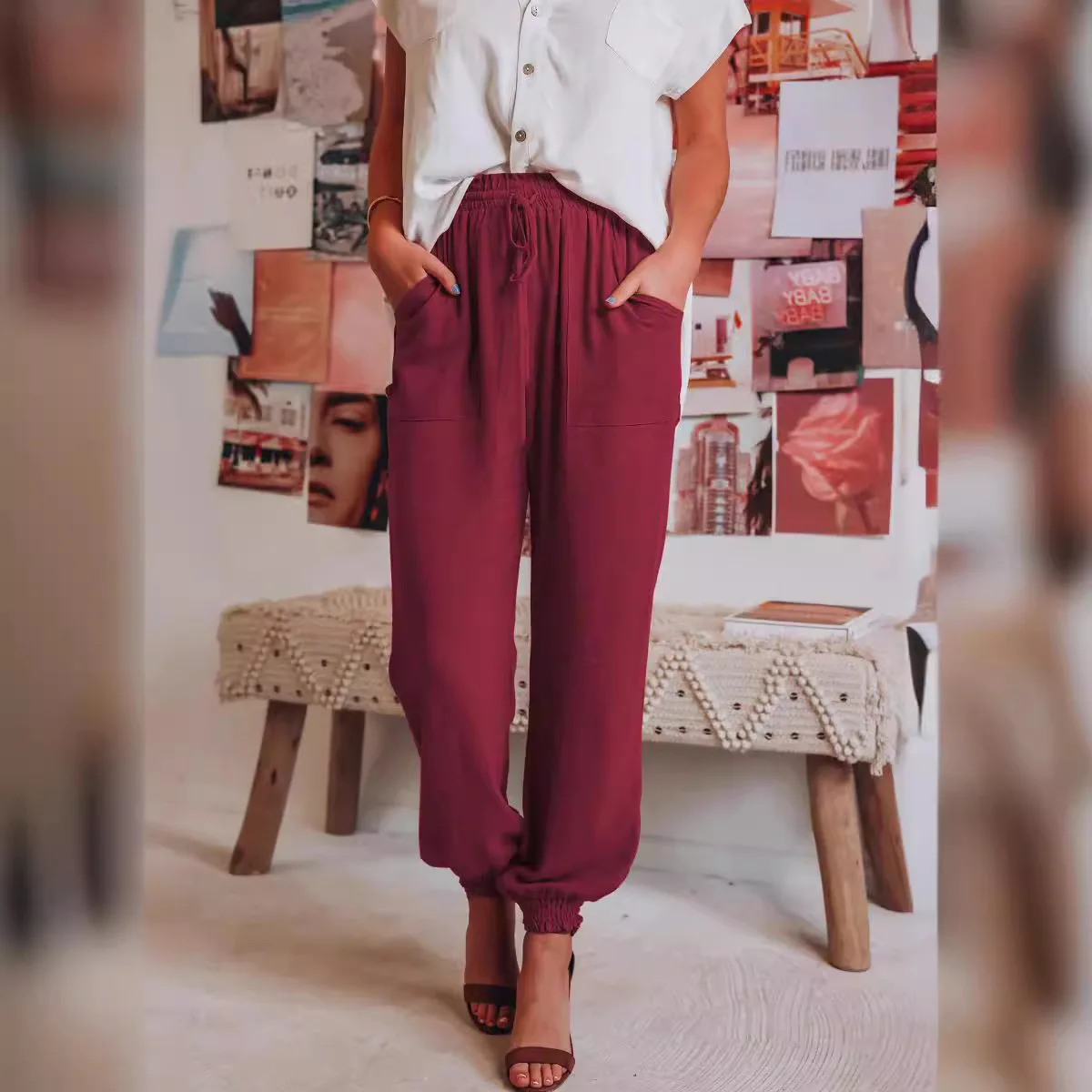 New Women's Fashion Retro Pants Casual Loose Solid Cotton Linen Harem Pants Summer Elastic Waist Pants