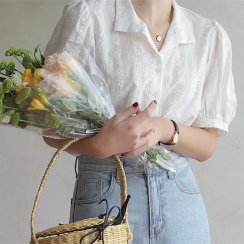 Sheer Lace Cardigan Shirt Summer Women Fashion Floral/Polka Dots Embroidery Short Sleeve Top Teen Girl Korean Loose White Blouse