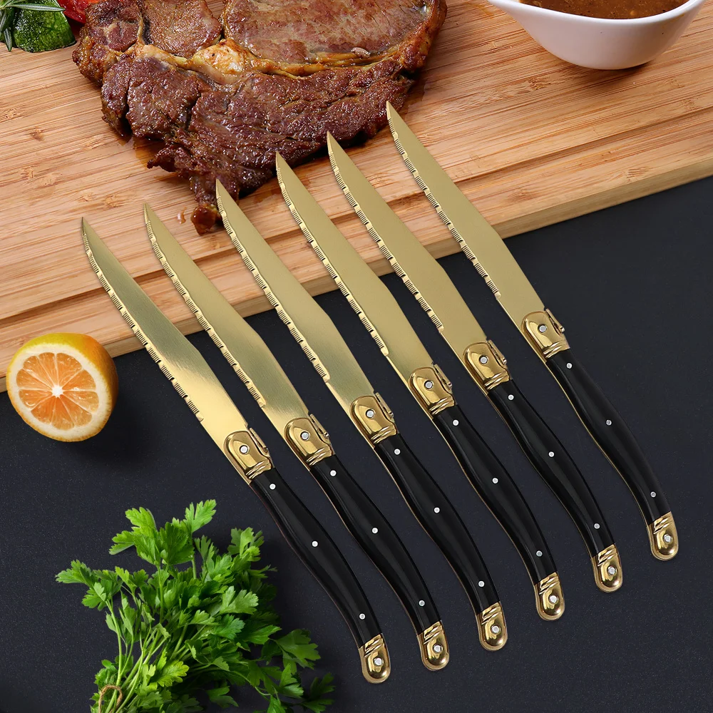 

Jaswehome 4/6/8/12pcs Steak Knives Set Titanium Gold Plating Sharp Knives Food Grade Dinnerware Sets Black Golden Dinner Knife