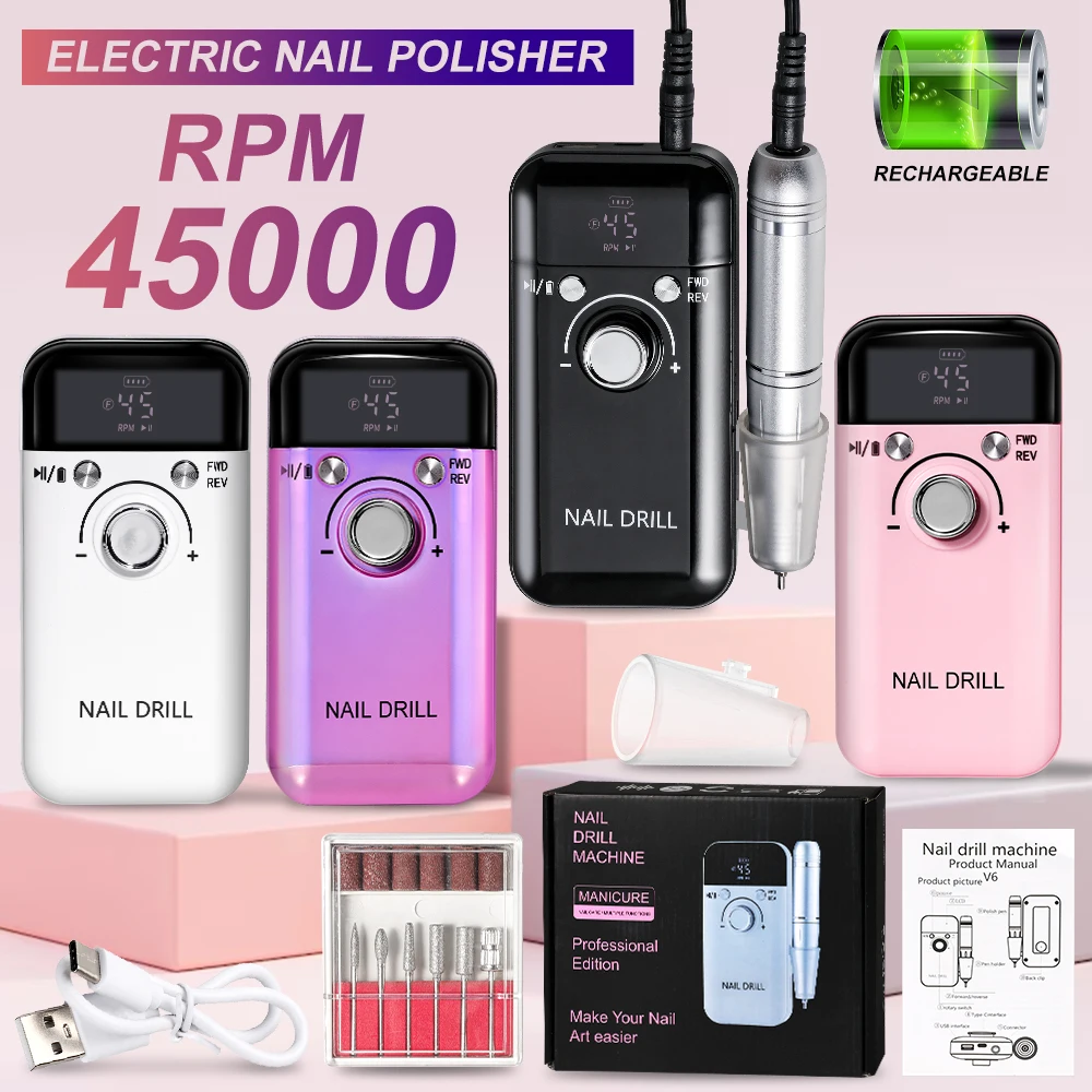 45000RPM Professional Electric Nail Drill Rechargeable Polisher LCD Screen Gel Polish Nail File Manicure Tool