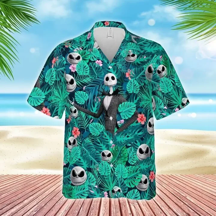 

Гавайские рубашки Jack Skellington для мужчин и женщин, летние рубашки с коротким рукавом и пуговицами, повседневные пляжные рубашки, гавайская рубашка Disney, топы