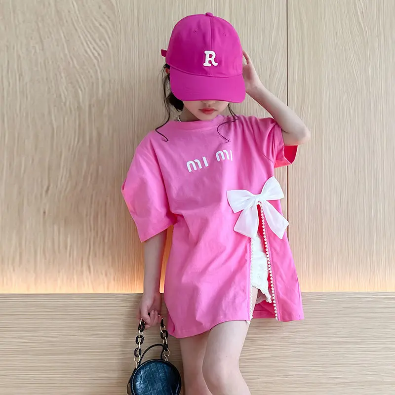

Girls T-shirt Short Sleeve Summer New Little Girl Bow Fashion Sweet Split Children's Cotton Top