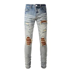 The Best Skinny Blue Distressed Patches Patchwork Holes Moustache Slim Fit Ripped Jeans Men