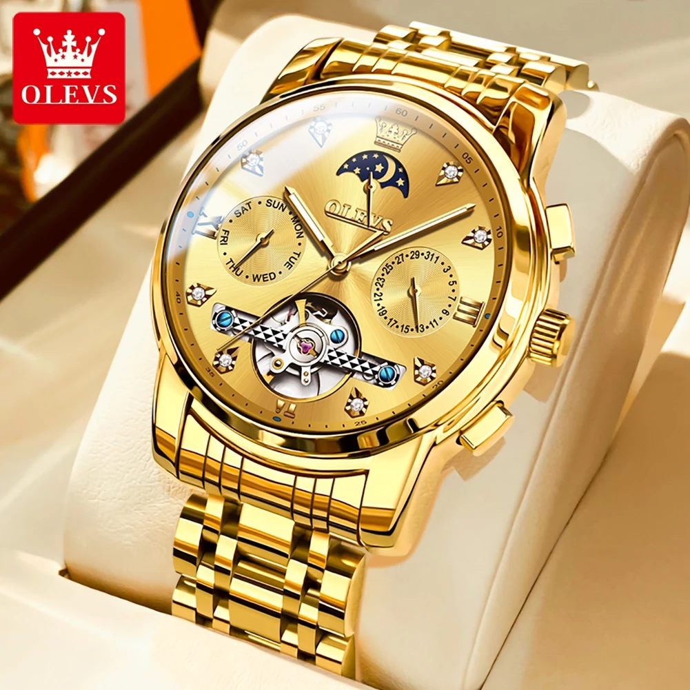 

OLEVS Mens WatchesTop Brand Luxury Tourbillon Mechanical Watch Stainless Steel Waterproof Moon Phase Automatic Gold Wristwatches