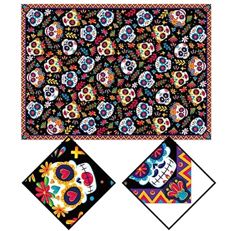 Mexikanischer Tischläufer „Dia De Los Muertos“ – 33 X 183 Cm, Bunte Zuckerschädel, Für Halloween & Fiesta-Partys