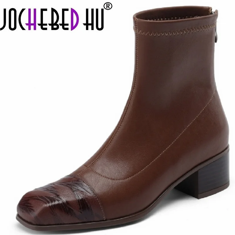 

【JOCHEBED HU】New Autumn/winter Women Boots High Heels Boots Square Toe Elastic Short Shoes for Zapatos Mujer Handmade 33-40