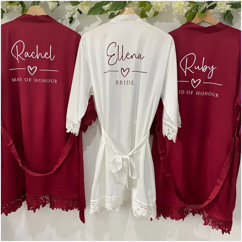 Personalized Burgundy Satin Lace Bridal Party Robe