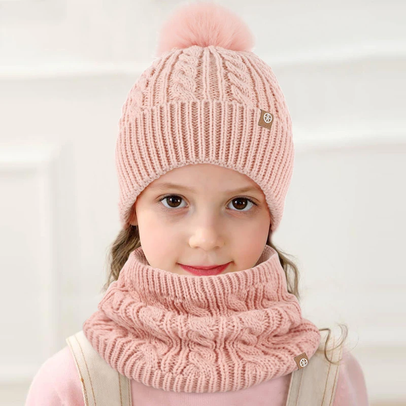 Children Winter Knitted Wool Ball Beanies Plush Thicken Warm Scarf Hat Glove Set Touchscreen Mittens Christmas Ski Cap Kids Gift 1