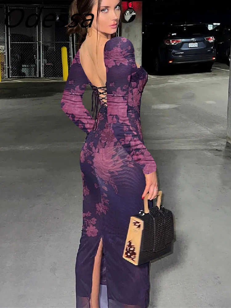 

Odessa Autumn Mesh Backless Sexy Split Midi Bodycon Dress Women Clothes 2023 Fall Print Lace Square Neck Long Sleeve Party Dres