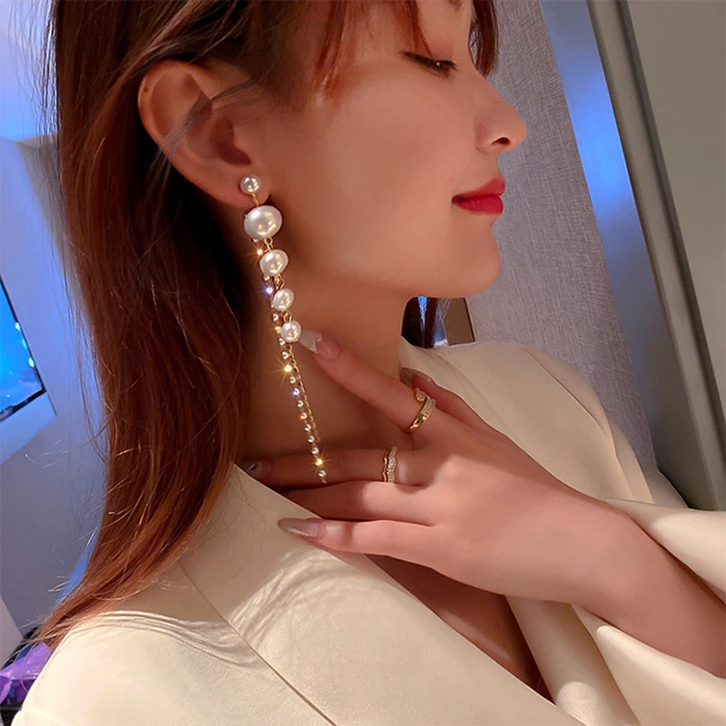 Long Dangle Earrings for Women Fashion Full Crystal Simulated Pearl Tassel Drop Earring Vintage Gold Color Brincos Jewelry dangle earrings,drop earrings,long earrings,crystal tassel earrings,crystal earrings