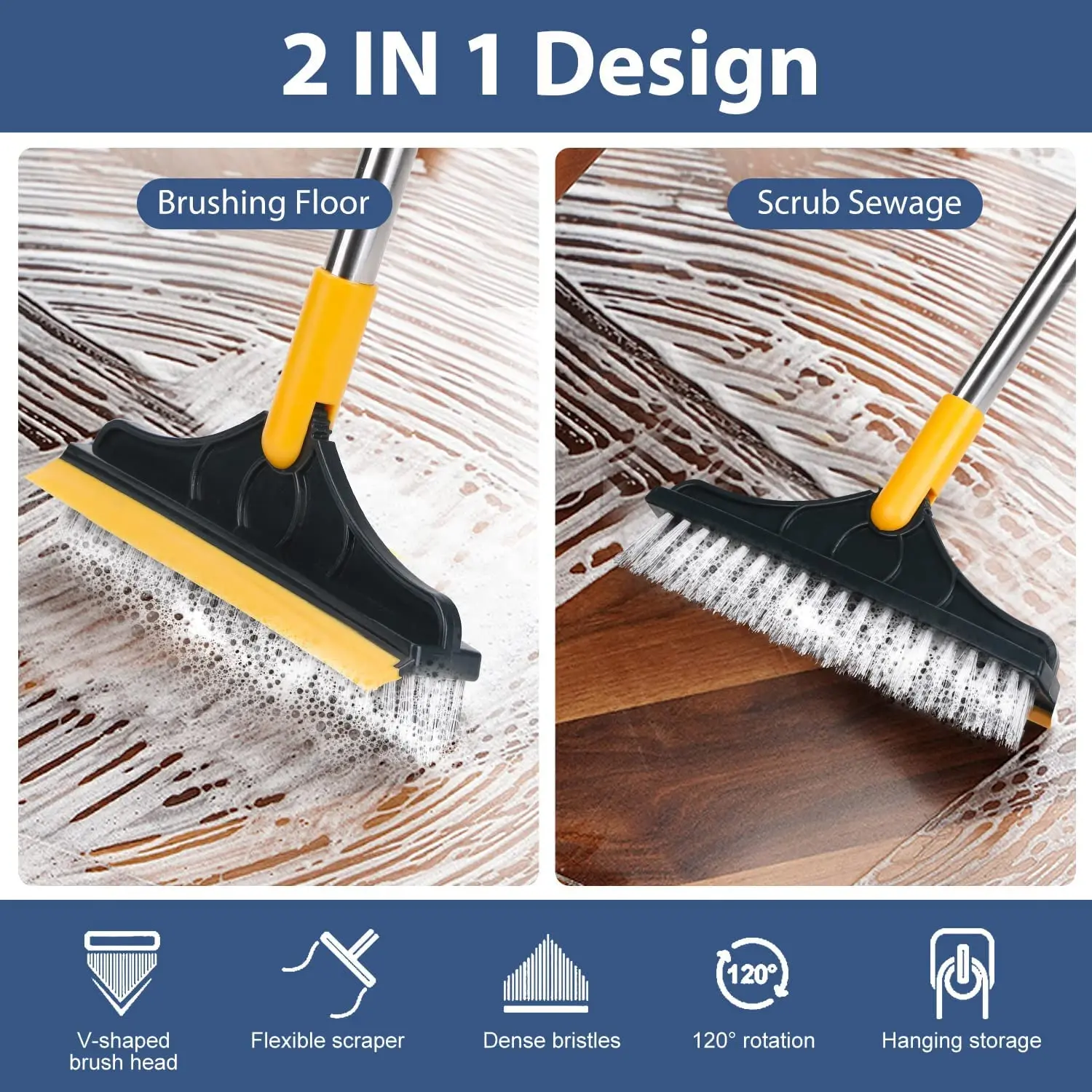 Scrub Brush Tile Cleaner Brush with Scraper with Squeeze 3-Section Adjustable Bathroom Brush with Long Handle V-Shaped Bristles