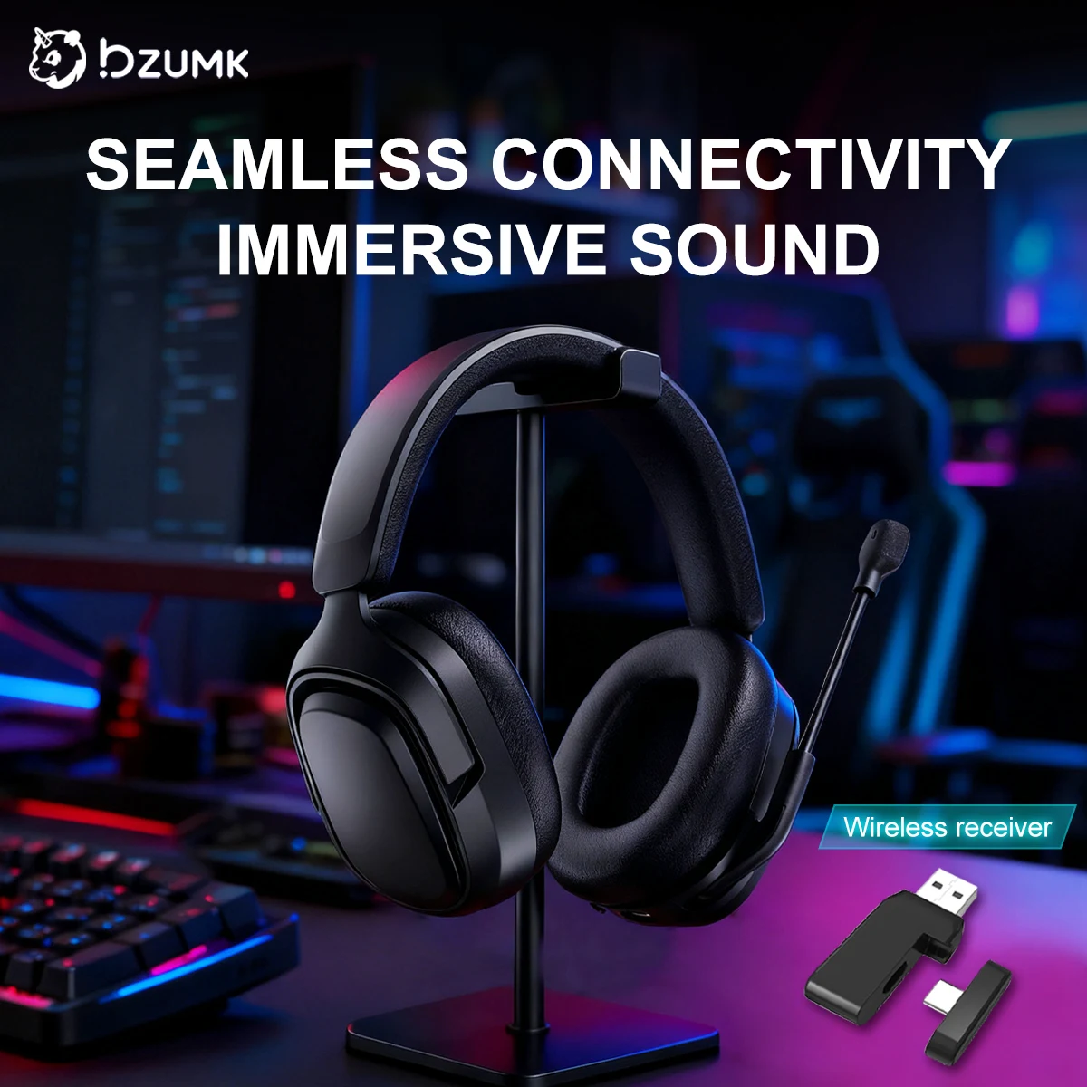 bzumk-GT808The gaming headset is an ergonomic wireless headset equipped with a rotating microphone, suitable for computer gaming