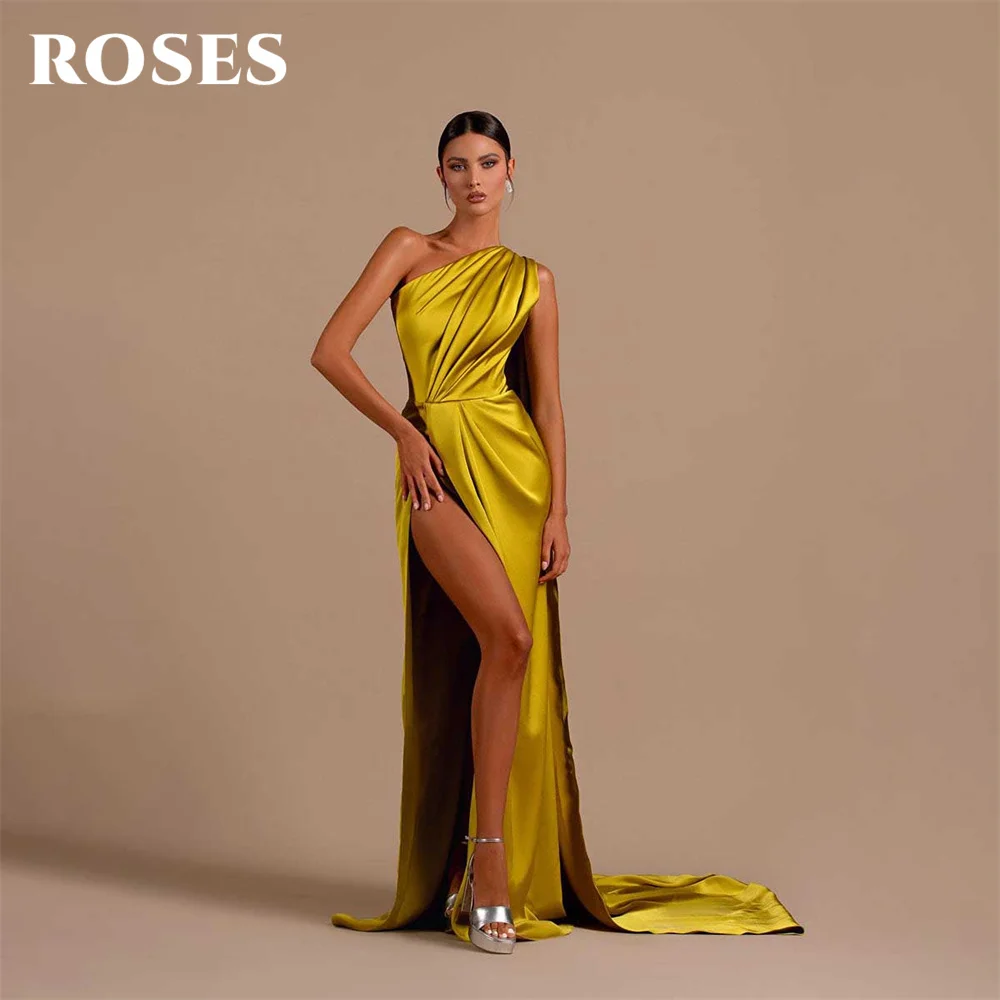 

ROSES Gold Stain Mermaid Long Party Dress Side Split Vintage Night Dress Pleat One Shoulder Celebrity Dresses vestidos de fiesta