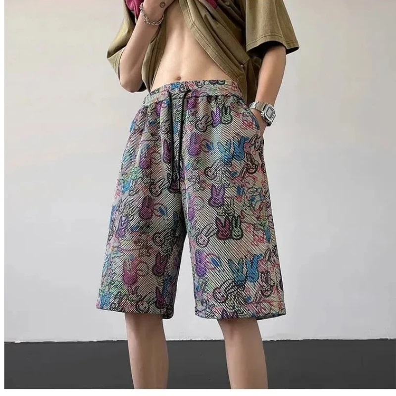 

Men's Summer Thin Trendy Handsome Elastic Waist Drawstring Cartoon Printed Pocket Grid Mesh Breathable Loose Casual Beach Shorts