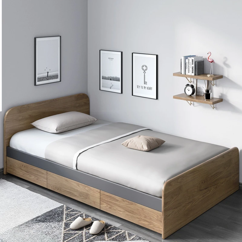 

Solid wood leg single bed household double oak small unit modern style bedroom storage bed