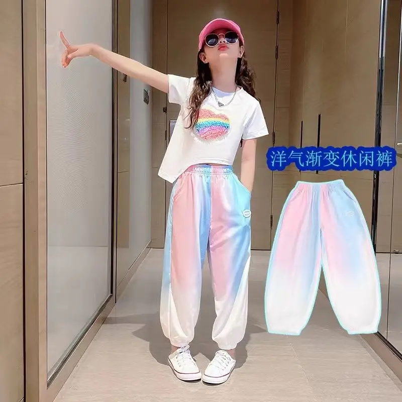 2023 여아 여름 스포츠 세트, 어린이 반팔 및 모기 방지 바지, 타이드 어린이 패션 운동복, 어린이 라운지웨어, 2 개