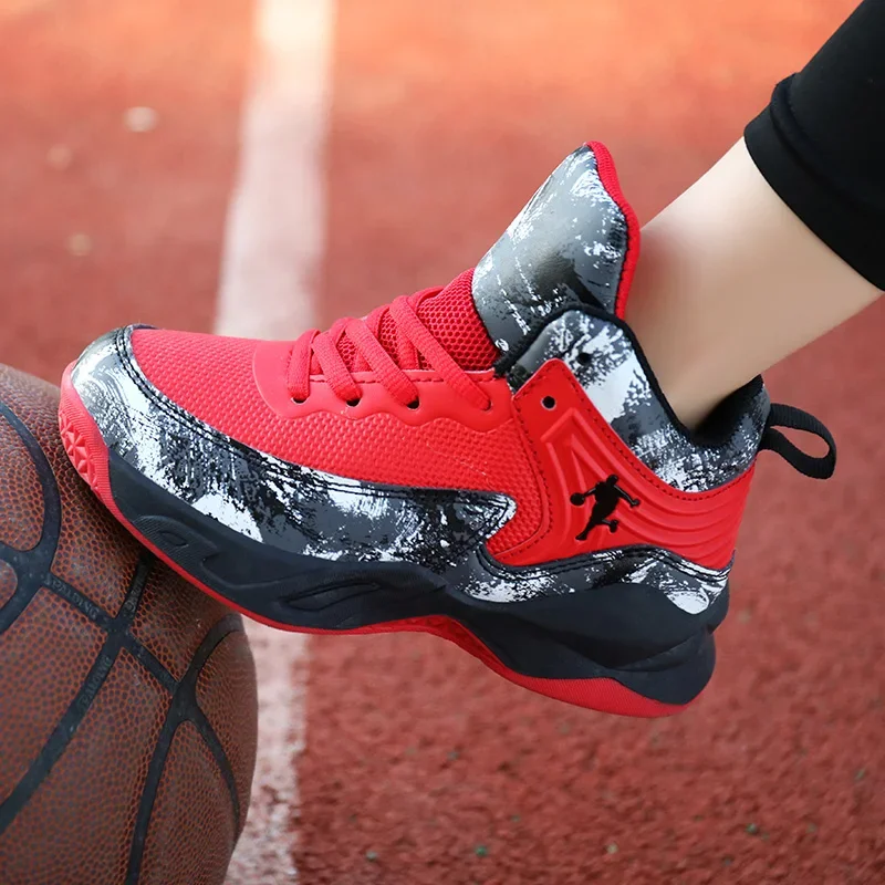 Kids Shoes Basketball Field Training Tennis High-top Leather Comfortable Boots for Kids red sneakers