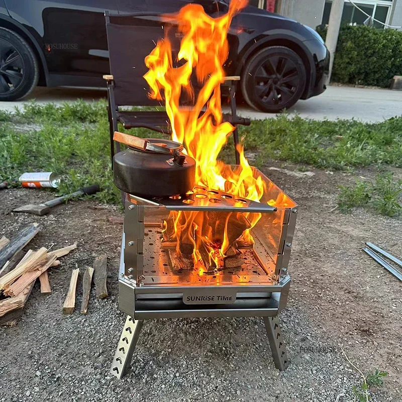 Outdoor Fire Pits Camping Stainless Steel Grill Stand Temperature Resistant Glass Firewood Stove Portable Folding Campfire Racks