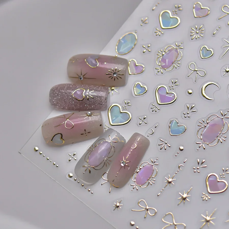 1pcs 5D Shell Light Nail Stickers Shoiny Gold Border Love Heart Bowknot Moon Star Nai Art Decal Manicure Decorations 3