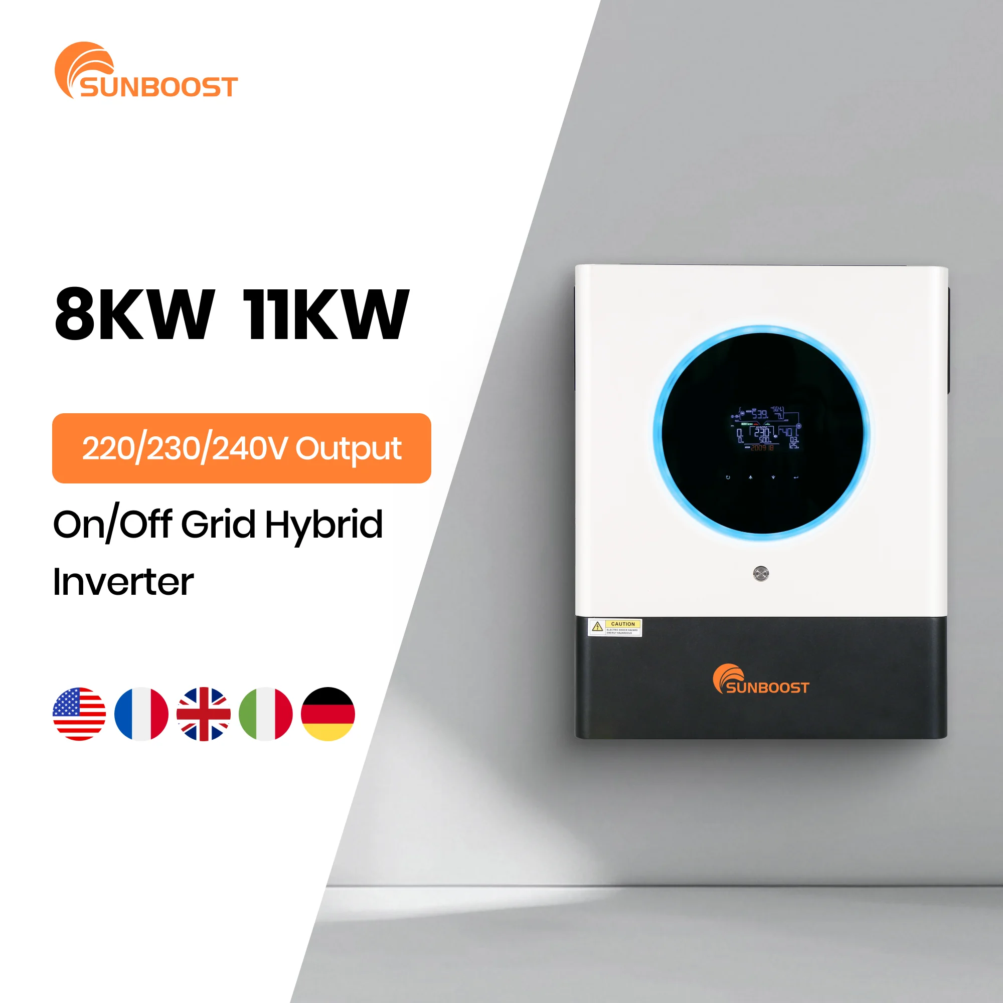 อินเวอร์เตอร์พลังงานแสงอาทิตย์แบบไฮบริด Sunboost 8KW 11KW รองรับการเชื่อมต่อแบบขนาน 6 เครื่อง พร้อม Wifi ในตัว หน้าจอสัมผัส LCD สีขนาดใหญ่ 1