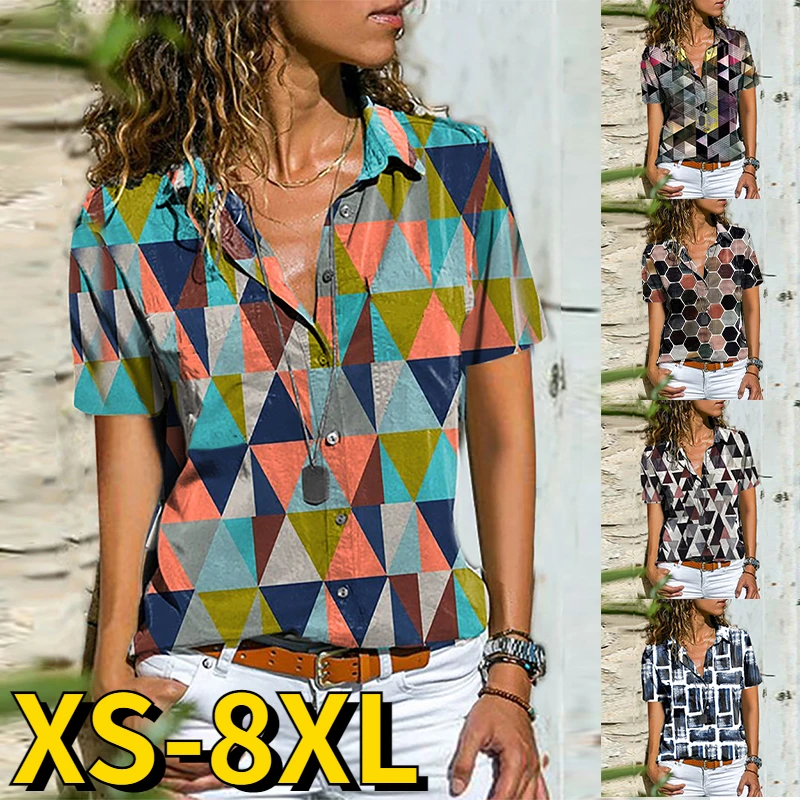

2023 Women's Fashion New Design Printing Button Short Sleeve Everyday V-neck Tops Sexy Spring Summer Ladies Vintage Loose Shirt
