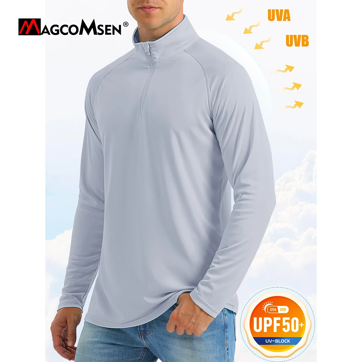 MAGCOMSEN UPF50 + 남성용 UV 자외선 차단 티셔츠, 긴 소매 하이킹 낚시 셔츠, 속건성 1/4 지퍼, 여름 운동 풀오버 상의