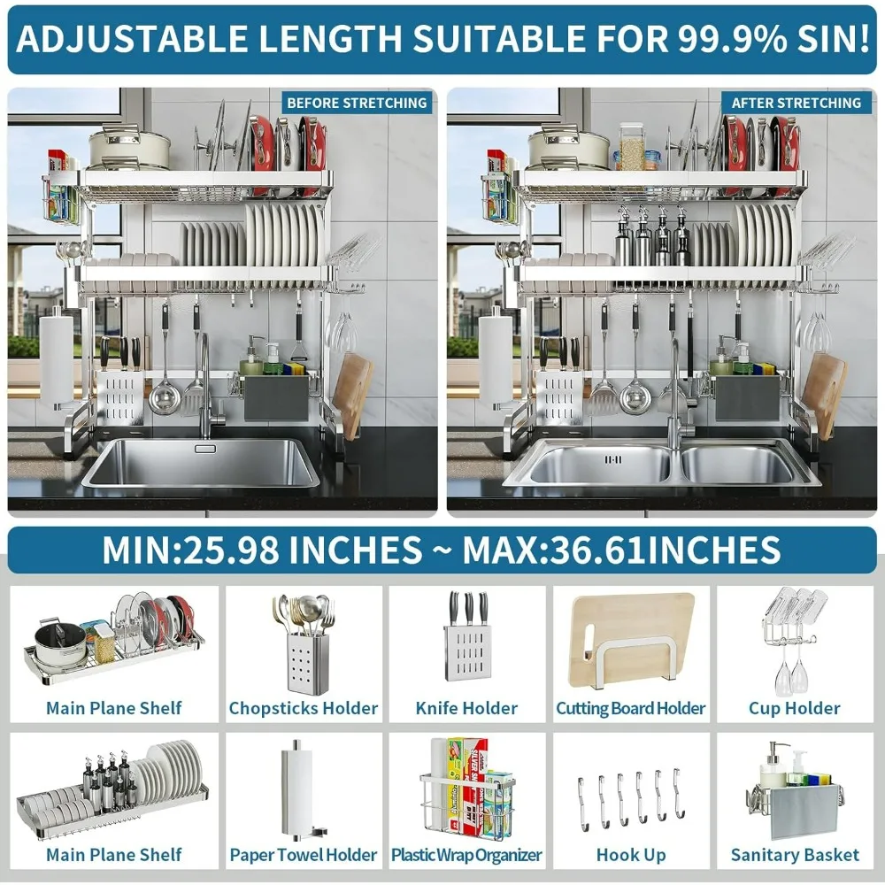 Over The Sink Dish Drying Rack, 3-Tier Drying Drainer Rack Over Sink Stainless Steel Adjustable , 2