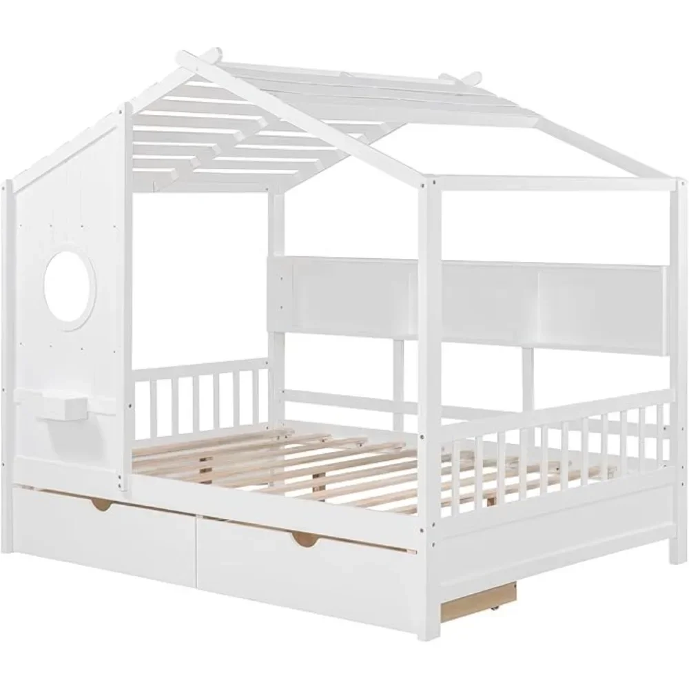 Bed for Kids Wooden Kids Bed with Storage Drawers and Bookshelf Built in Window Box Design Cute for Kids Toddler Boys Girls