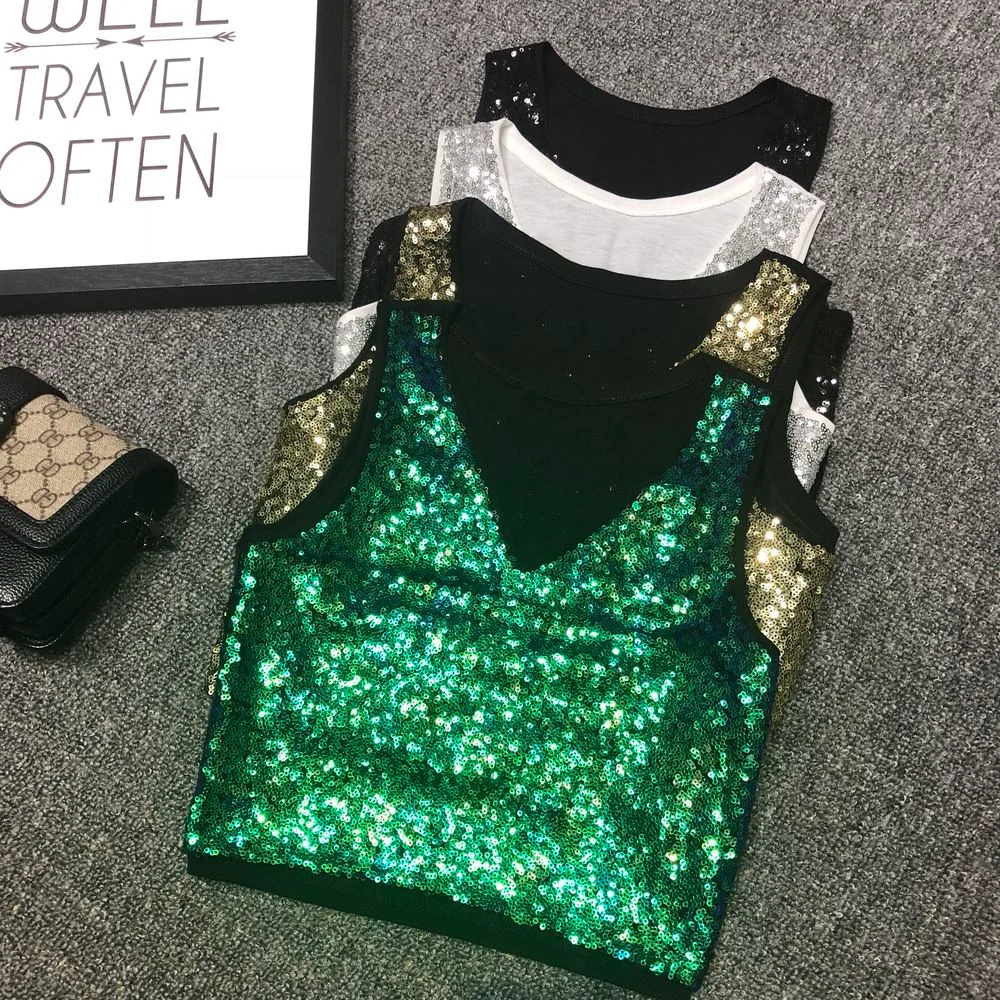 

Fashion new sexy short version half sequin vest stage performance clothes sleeveless waist exposed navel short top women