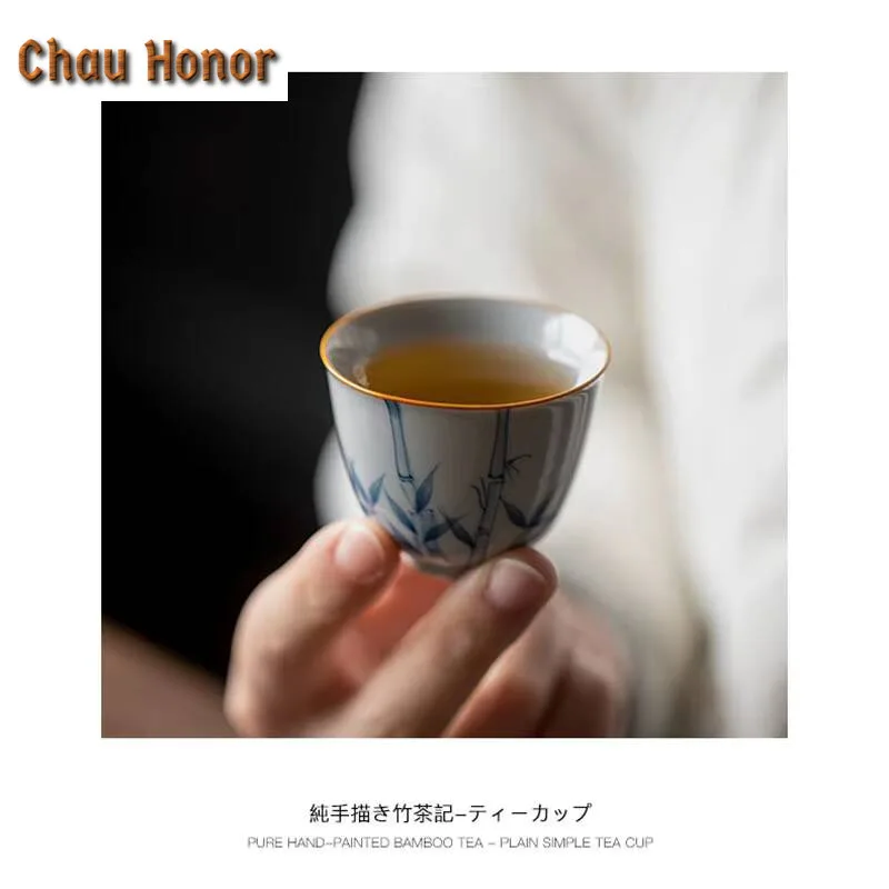 2pc/set Boutique Hand Painted Bamboo Art Ceramic Tea Tasting Cup Retro Small Single Master Cup Household Kung Fu Teaware 45ml