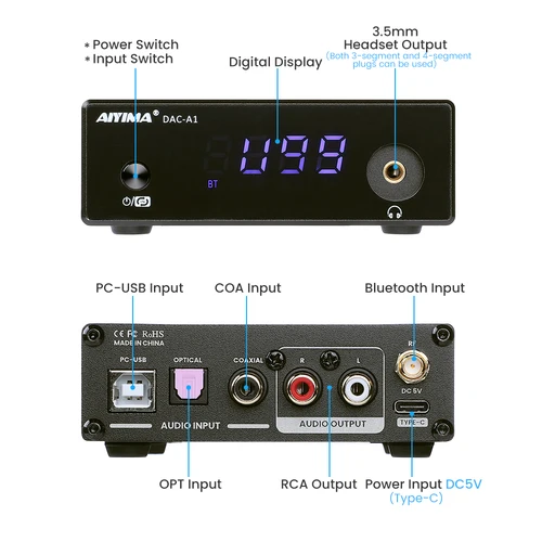 AIYIMA DAC-A1 헤드폰 디코더 ES9018Q2M 블루투스 5.0 디코더 동축 광 USB DAC APTX-HD 리눅스 원격 제어 3