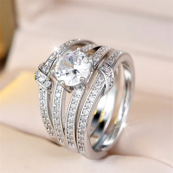 Shining White Zircon Round Stone Rings Sets For Women Vintage Silver Color Engagement Ring Wedding Jewelry Bridal Versatile Gift
