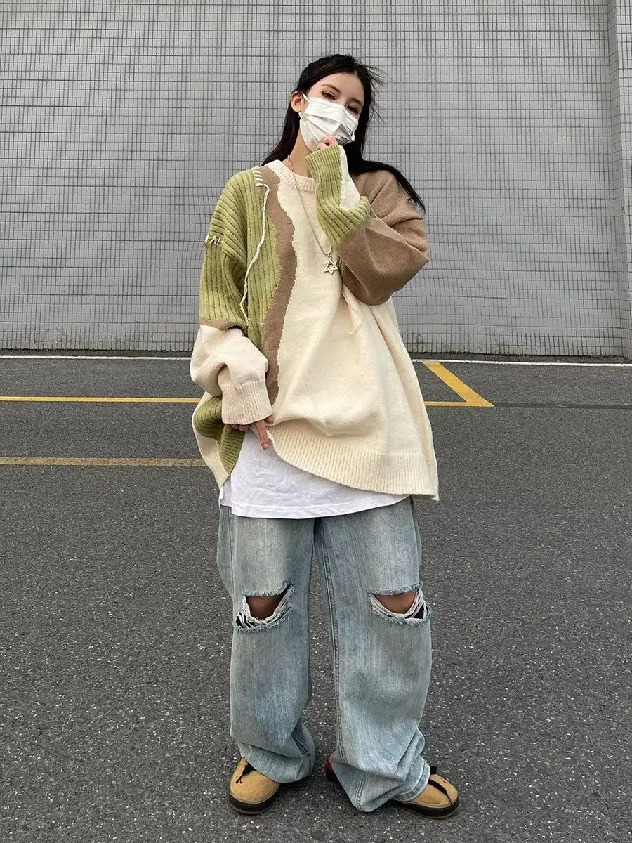 

2023 Autumn and Winter Trendy Brand Design Sense Niche Color Contrast Stitching Sweater Men American Retro Trend Knitwear Trend