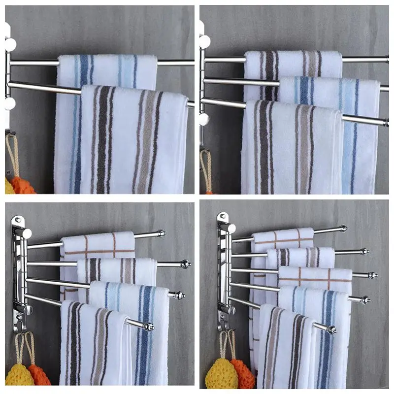 2/3/4/5 Bars Rotating Towel Rack Bars Punch-Free Toilet Bathroom Balcony Towel Holder Storage Shelf with Hook