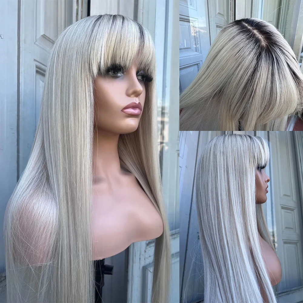 Rooted Platinum Blonde Wig with Bangs Lace Front Human Hair Wig Promotion Sale Lace Wigs HD Front Straight Fringe