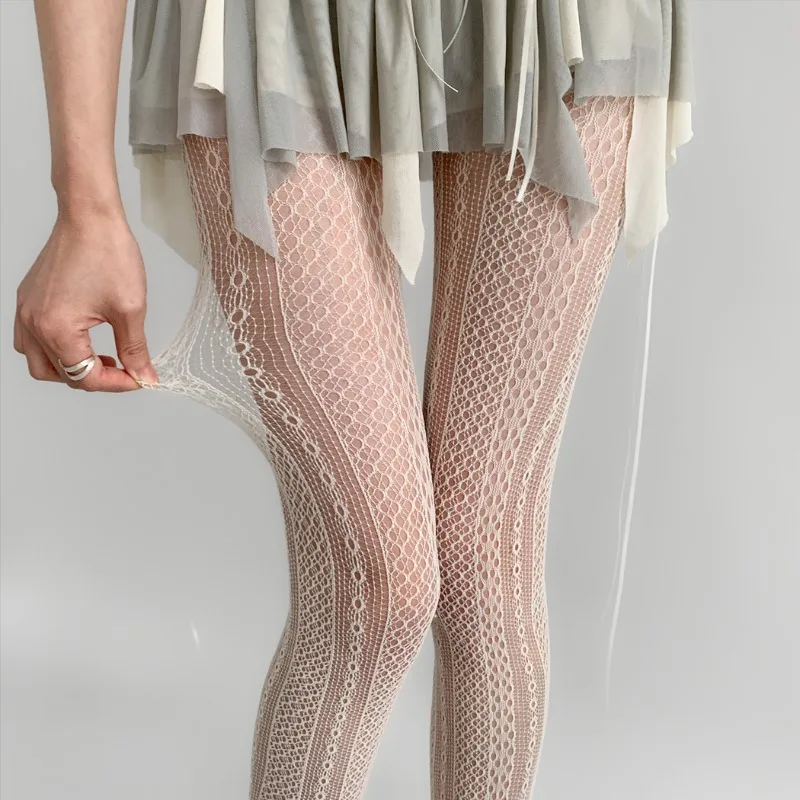 Neue frauen Sexy Gestreiften Vertikale Korn Spitze Strumpfhosen Aushöhlen Breite streifen Kreise Strumpfhosen JK Mesh Atmungsaktive Fishnet Strümpfe – Detail 6
