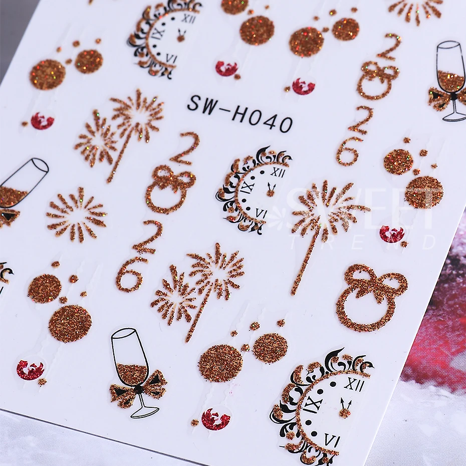 2pcs Christmas Nail Stickers Glitter Gold Fireworks Champagne 2026 Clock Design Bow New Year Nail Sliders Decals Manicure Decor