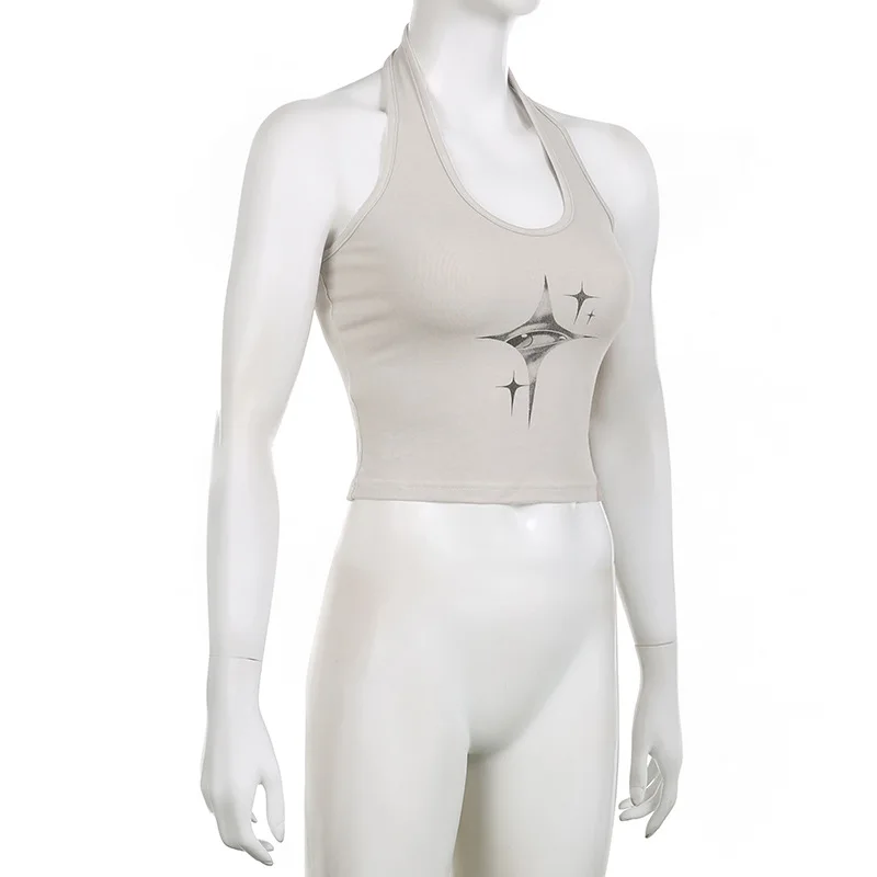 Y2K devil eyes halter crop top detail