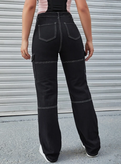 Cargo Pants for Women Straight Wide Leg Jeans Stitching High Waist Slim Fit Denim Pants with Pockets Laides Spring Autumn