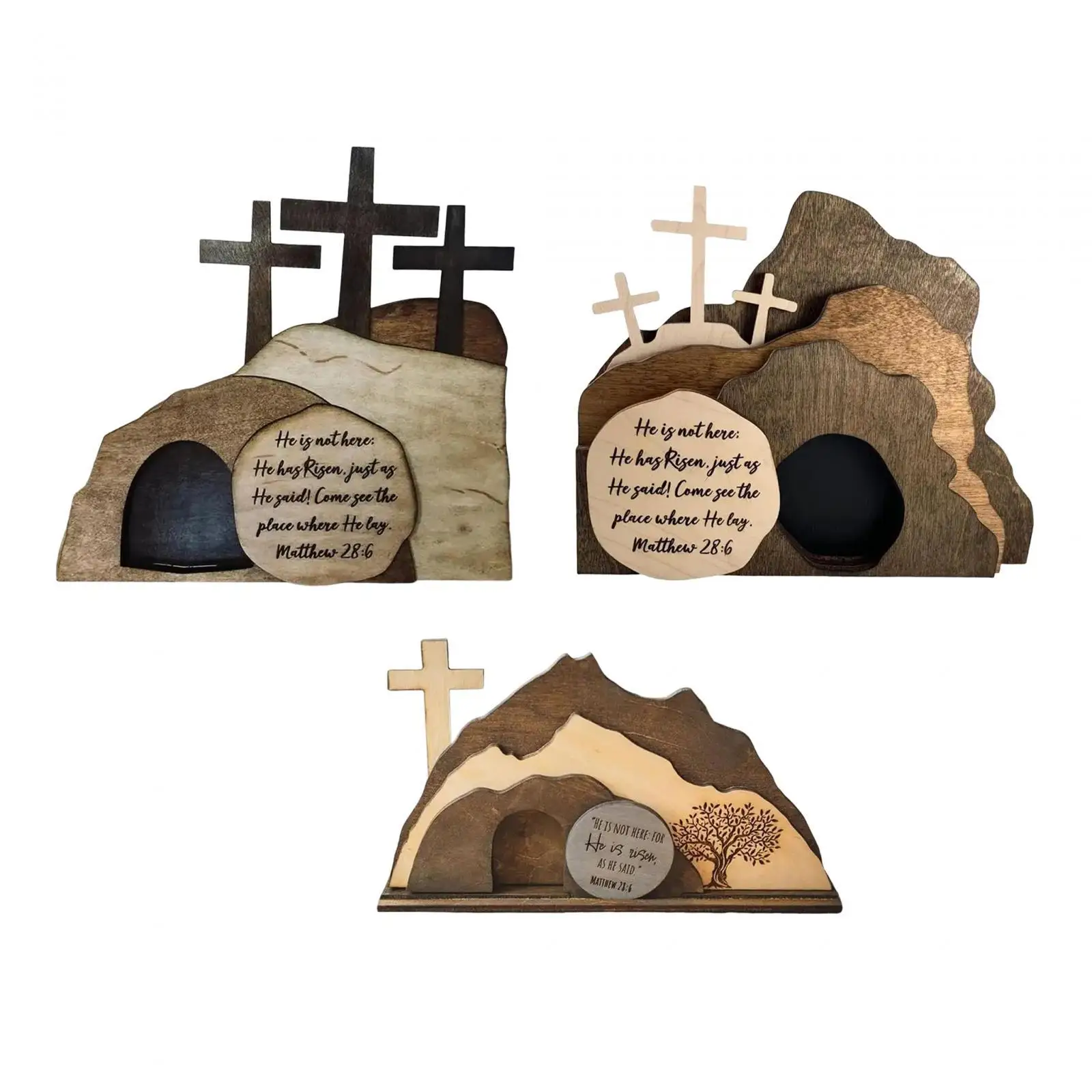 Tomb Figurine Easter Decoration Wood Cross Decor Spiritual Easter Scene Wooden Decoration for Office Desktop Tabletop Table Home