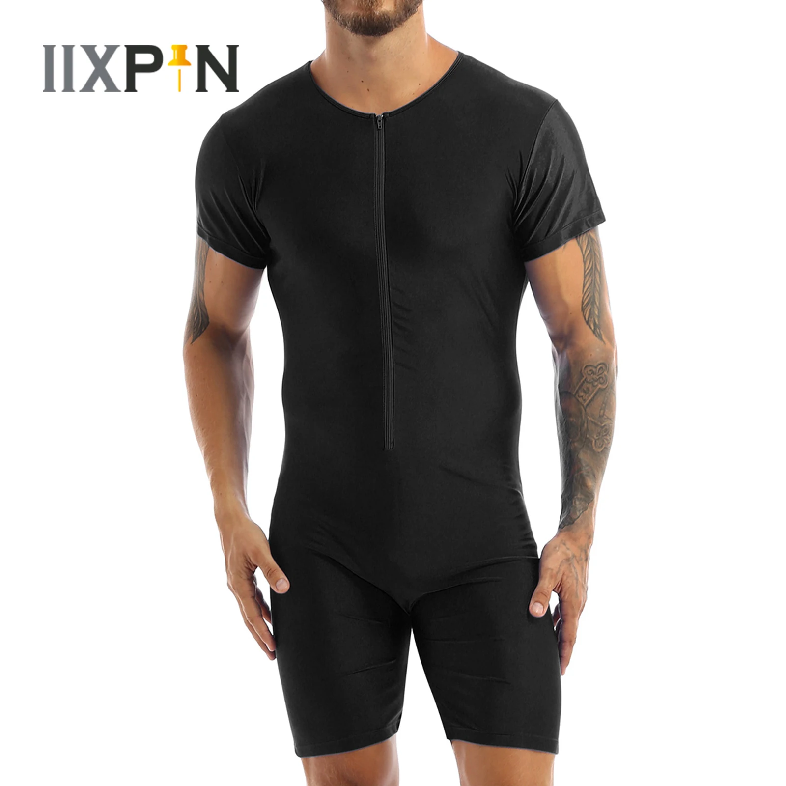 Mens Pajamas Undershirts One-piece Leotard Jumpsuit Male Short Sleeve Front Zipper Elastic Soft Boxer Briefs Bodysuit Swimwear mens striped wrestling singlet bodysuit weight lifting stretchy leotard fitness outfits athletic jumpsuit male body shapers
